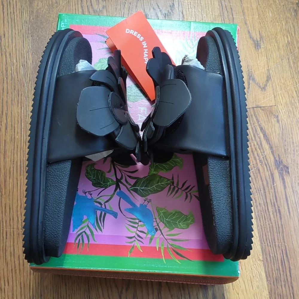 NIB FARM Rio Monstera Anatomic Slide Sandals In Black Women's Size 6